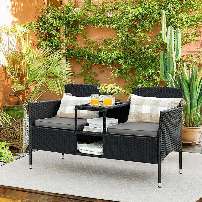Flamaker Outdoor Furniture Patio Loveseat Wicker 2-Seat with Built-in Table and Cushions Rattan Porch Chairs Bench for Balcony, Lawn, Backyard (Grey)-Ruum Studio Home