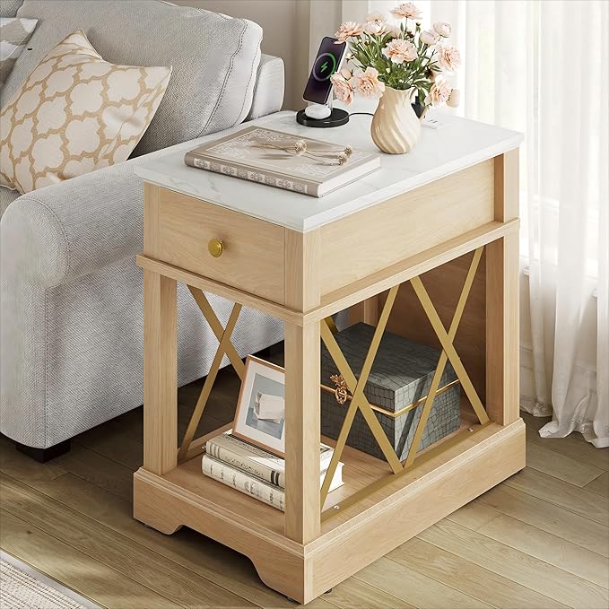 YITAHOME Farmhouse End Table Set of 2, Side Table with Power Outlets, Nightstand with Drawer and Open Storage, Rustic End Table for Living Room, Sleeping Room, Natural Walnut-Ruum Studio Home