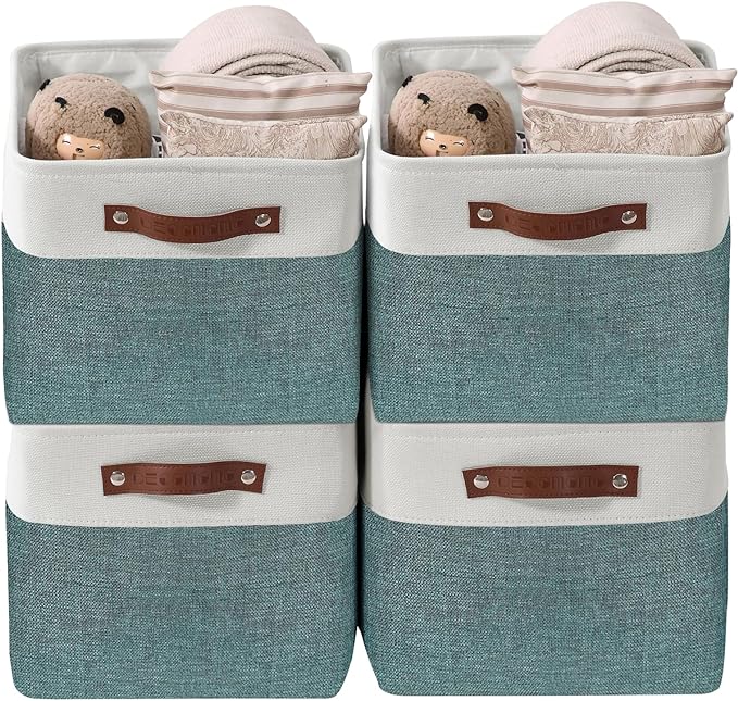 DECOMOMO Storage Bins Fabric Storage Baskets for Shelves, Linen Closet Organization Toys Nursery (Green and White, Large - 4 Pack)-Ruum Studio Home