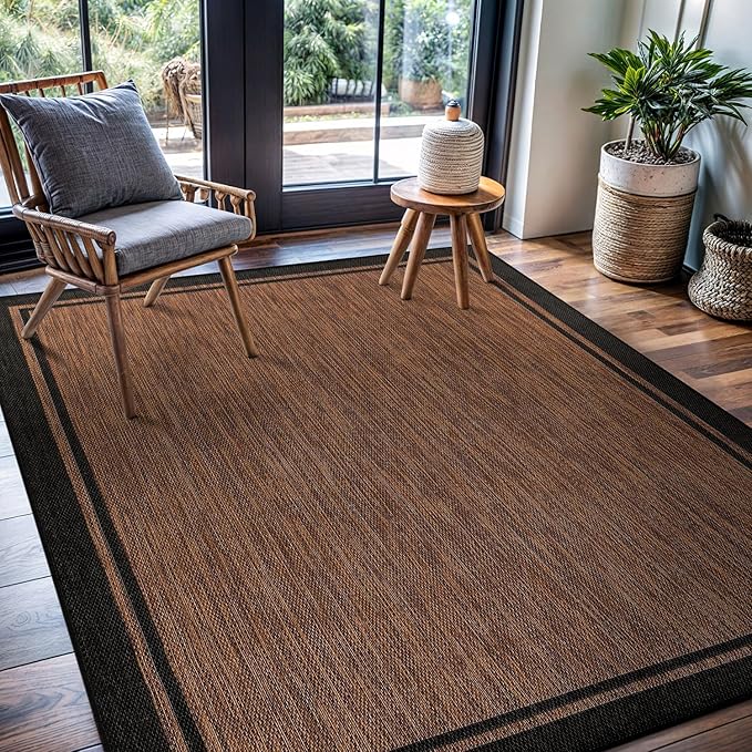 CAMILSON Indoor Outdoor Rug, 10x14 Bordered Nut Brown Black Modern Area Rugs for Indoor and Outdoor Patios, Kitchen and Hallway Mats, Washable Porch Deck Outside Carpet (Border Nut Brown Black 10 x14)-Ruum Studio Home