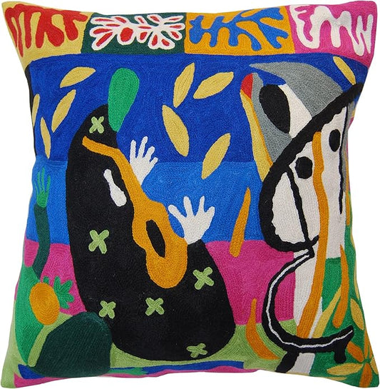 Matisse Decorative Pillow Cover - Music Modern Chair Cushion| Modern Farmhouse Pillows | Flower Outdoor Pillow | Mid Century Chair Cushions |Hand Embroidered Wool Size 18x18-Ruum Studio Home