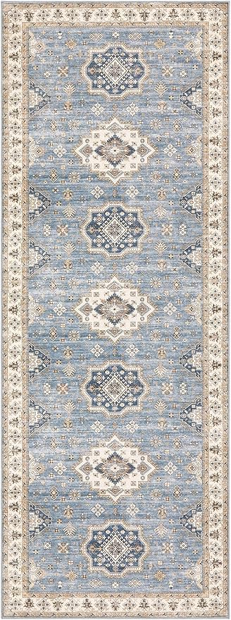 Washable 2x6 Runner Rug - Area Rugs Neutral Vintage Distressed Floral Farmhouse Boho Large Soft Floor Rug Indoor Carpet for Hallway Entryway Bedroom Kitchen - Blue-Ruum Studio Home