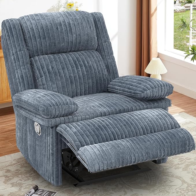 Recliner Chair for Adults, Oversized Manual Pull Tab Reclining Chair, 2-Tier Cushions, Minimalist Style Single Sofa for Living Room, RV (Corduroy)-Ruum Studio Home