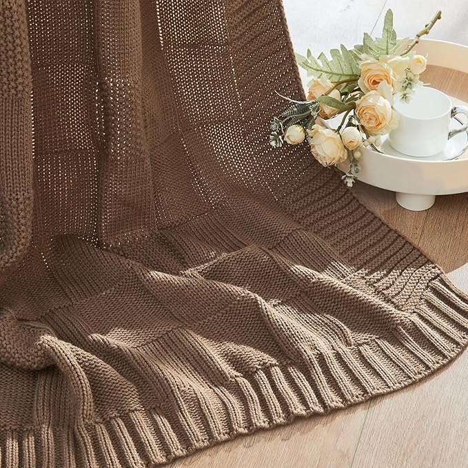 CozeCube Check Knit Throw Blanket, Light Brown Checkered Throw for Couch, Decorative Christmas Soft Cozy Warm Knitted Blanket for Bed Sofa Living Room, 50"X60"-Ruum Studio Home