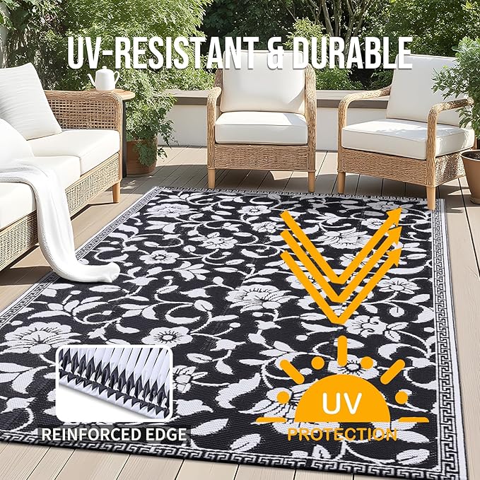 OLANLY Waterproof Outdoor Rug 5x8 ft, Outdoor Plastic Straw Rug with Flower Pattern, Reversible RV Mat for Patio, Camping, Balcony, Deck, Backyard, Black & White-Ruum Studio Home