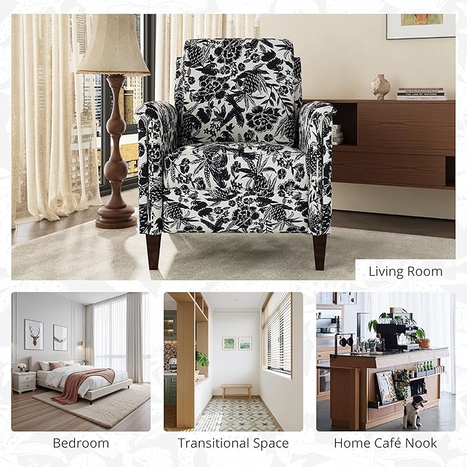 Floral Accent Chair, High Back Upholstered Armchair with Solid Wooden Legs, Padded Armrest and Removable Comfortable Cushioned Seat Single Sofa for Living Room, Bedroom, Black-Ruum Studio Home
