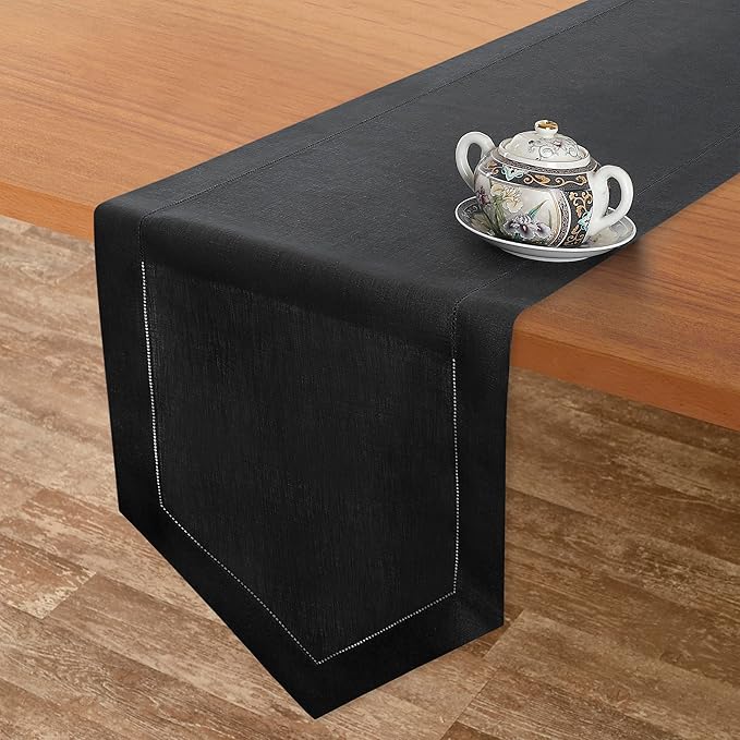 D'Moksha Homes Black Linen Table Runner 90 Inches Long - 100% Pure Linen Diamond Table Runner 14 x 90 Inch for Dining, Fall and Halloween - Machine Washable-Ruum Studio Home