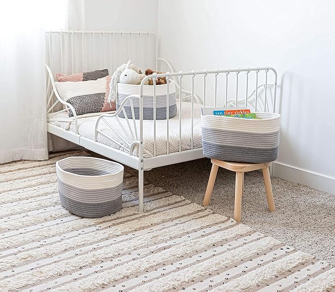 OrganiHaus Set of 3 Woven Storage Baskets for Organizing, Cotton Rope Organizer Bins for Shelves, Closet & Nursery, Dog Toy Basket, Decorative Bins for Toys, Towels & Books - 15x10x9, Grey-Ruum Studio Home