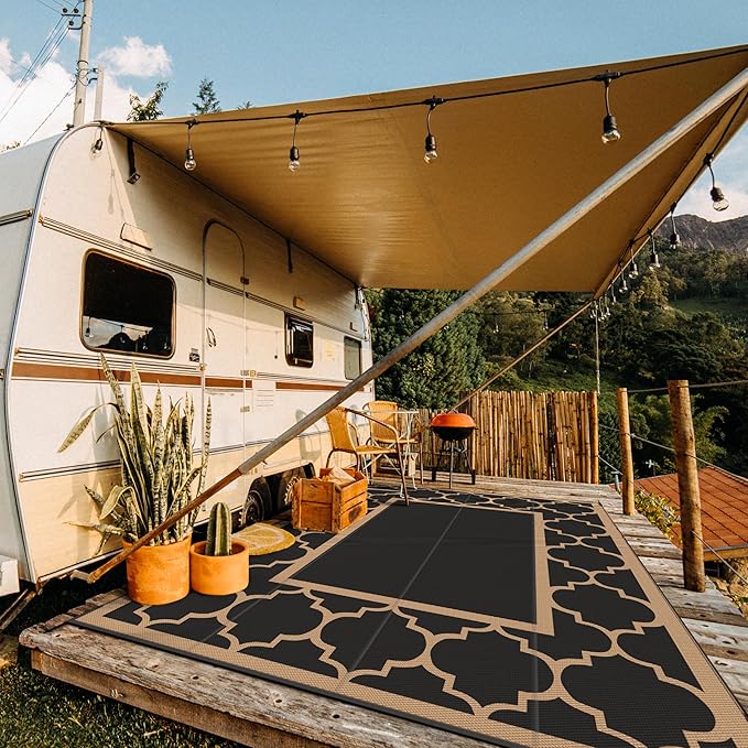 GENIMO 10 ' x 14 ' Outdoor Rug Waterproof for Patio Decor, Foldable Reversible Plastic Straw Area Rugs Mat for Camper, Outside Carpet for Rv, Deck, Porch, Picnic, Beach, Balcony, Black & Brown-Ruum Studio Home