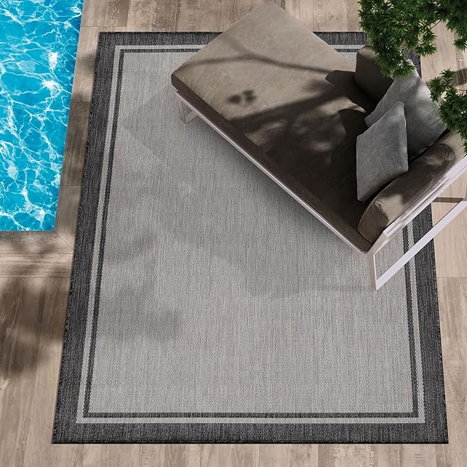 CAMILSON Indoor Outdoor Rug, 6x9 Bordered Gray Modern Area Rugs for Indoor and Outdoor Patios, Kitchen and Hallway Mats, Washable Porch Deck Outside Carpet (Bordered Grey, 6 x 9)-Ruum Studio Home