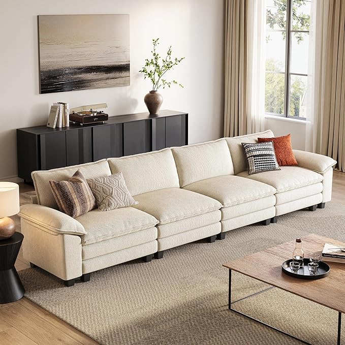LINSY HOME Oversized Sectional Sofa - 157'' Oversized Corduroy Cloud Couch Deep Seat Modular Sofas Soft Modern Comfy Couches Furniture for Living Room Apartment Office, Beige-Ruum Studio Home