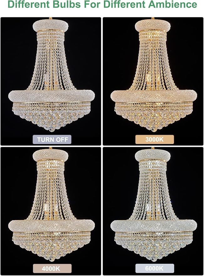 14 - Light Unique Empire Crystal Chandelier with Adjustable Chain for High Ceiling Foyer Entryway Living Room Dining Room Bedroom Gold Finish-Ruum Studio Home