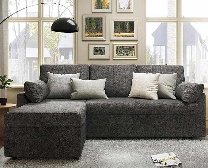 VanAcc Sleeper Sofa, Sofa Bed- 2 in 1 Pull Out Couch Bed with Storage Chaise, Sleeper Couch for Living Room, Grey Linen-Ruum Studio Home