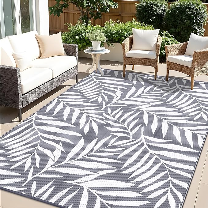 OLANLY Waterproof Outdoor Rug 9x12 ft, Reversible Outdoor Plastic Straw Rug with Leaf Pattern, RV Mat, Indoor Outdoor Carpet for Patio, Camping, Balcony, Deck, Backyard, Grey & White-Ruum Studio Home