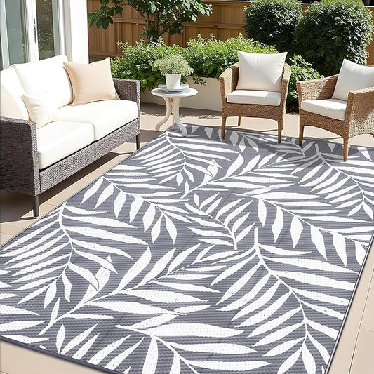 OLANLY Waterproof Outdoor Rug 9x12 ft, Reversible Outdoor Plastic Straw Rug with Leaf Pattern, RV Mat, Indoor Outdoor Carpet for Patio, Camping, Balcony, Deck, Backyard, Grey & White-Ruum Studio Home
