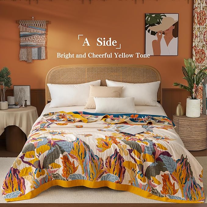 Boho Throw Blanket Twin Size, Soft Cozy Cotton Muslin Quilt Blanket for Bed Decor, Floral Patterned Couch Sofa Chair Cover, Vintage Farmhouse Cottage Tapestry Woven Blanket, Yellow&Blue-Ruum Studio Home