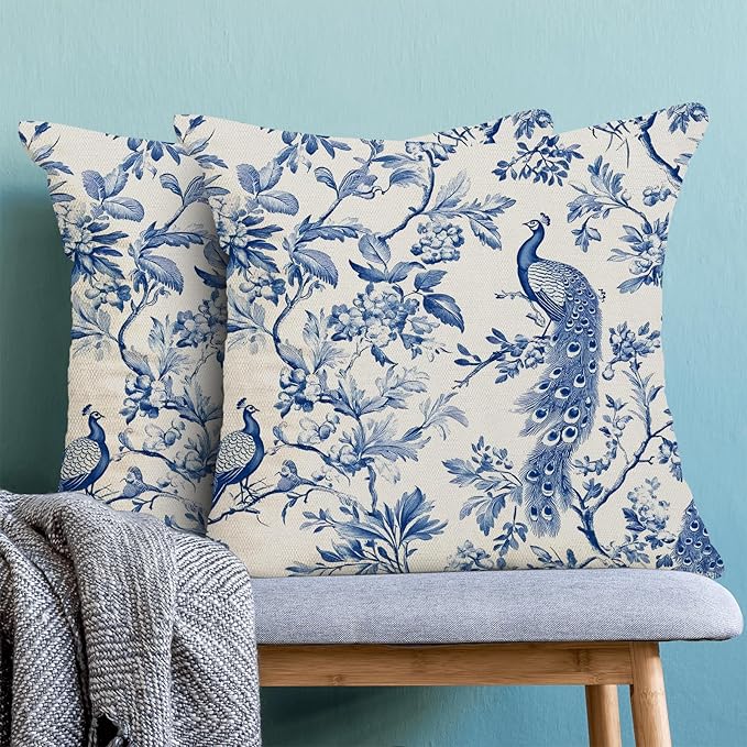 Navy Blue Spring Floral Pillow Covers 18 x 18 Inch Set of 2 for Chinoiserie Flowers Bird Decor Throw Pillows Vintage Plant Farmhouse Outdoor Decorative Cushion Cases for Couch Bed Decorations-Ruum Studio Home