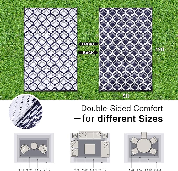 OLANLY Reversible Outdoor Rug 9x12 ft Clearance, Waterproof Outdoor Plastic Straw Rug with Interlacing Pattern, RV Mat for Patio, Camping, Balcony, Deck, Backyard, Navy & White-Ruum Studio Home