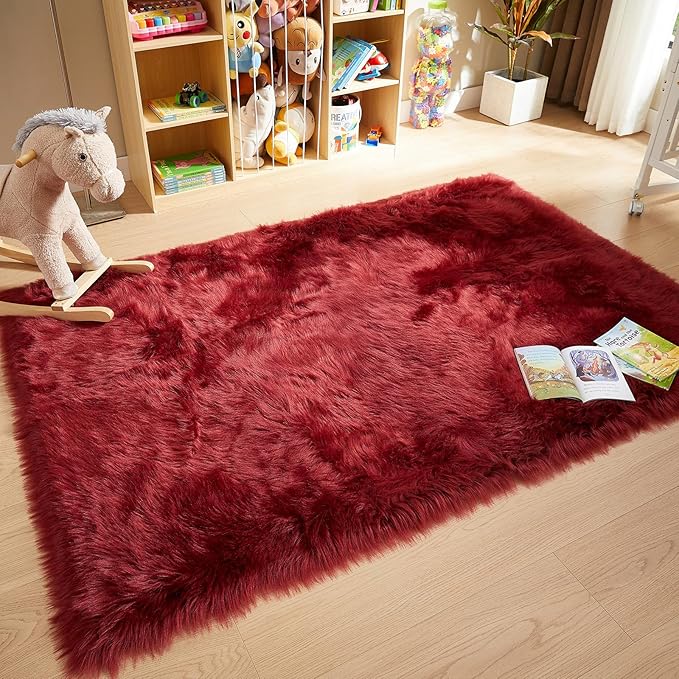 AMTOVO Faux Fur Sheepskin Rug for Living Room, 4 x 6 ft Burgundy Fluffy Area Rug for Bedroom, Playroom, Luxury Room Decor, Rectangle-Ruum Studio Home
