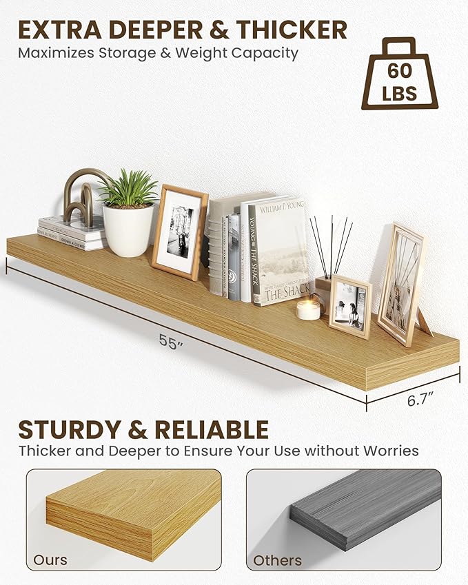 Marsmiles 55" Floating Shelves for Wall, Wooden Shelves with Invisible Brackets Set of 2, Rustic Farmhouse Wall Mounted Shelf for Kitchen Bathroom Living Room Study, Natural Oak-Ruum Studio Home