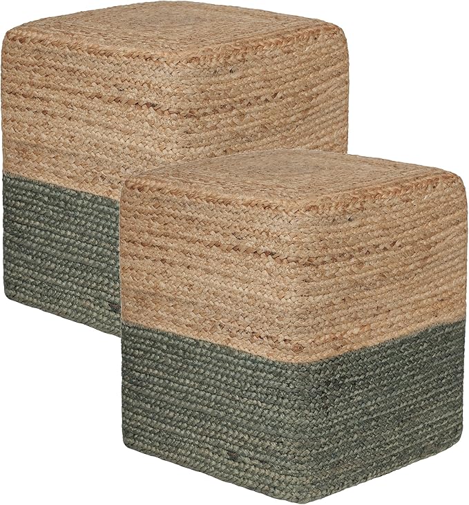 REDEARTH · Cube Pouf Foot Stool Ottoman - Jute Braided Pouffe Poof Accent Sitting Footrest for The Living Room, Bedroom, Nursery, Patio, Lounge - Set of 2 (14.5”x14.5”x16”; Natural Olive)-Ruum Studio Home