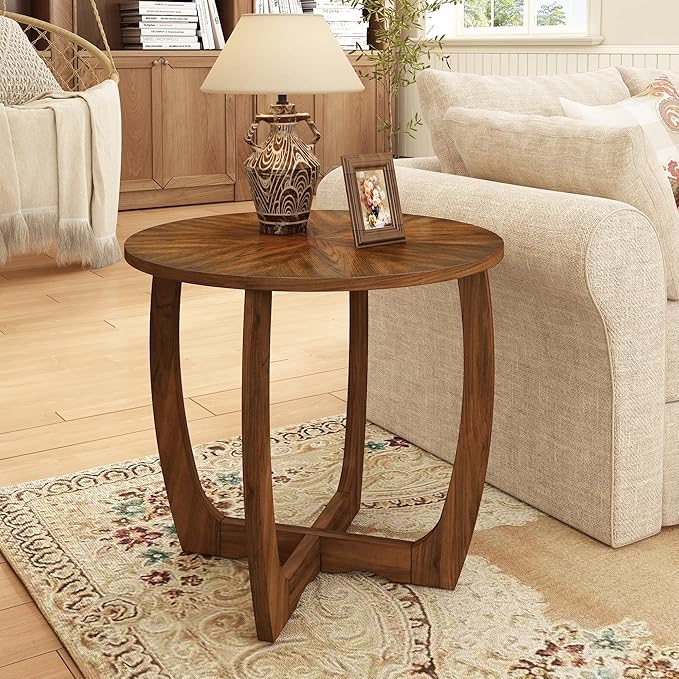 PADMA HOUSE Round Wood End Table with Curved Legs, Drum Circle Side Table with Snowflake Tabletop, Rounded Wooden Sofa Side Table, Brown Walnut Wood Tabletop & Legs 23.6" x 21.7"-Ruum Studio Home