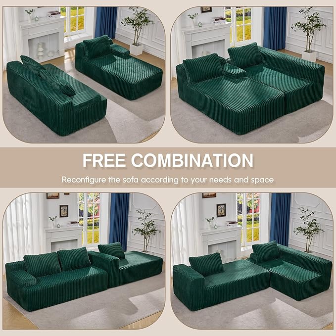 Hobestluk Modular Sectional Sofa Couches 108" L-Shape Couch 3 Seat Modular Sofa Memory Foam Sectional Couches for Living Room, Boneless Couch with Oversized Chaise (Green, Right Facing)-Ruum Studio Home