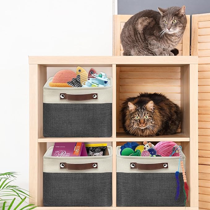 SIMPLE HOUSEWARE Large Fabric Storage Bin, 15" x 11" with Leather Like Handles, 3 Pack, Dark Gray-Ruum Studio Home
