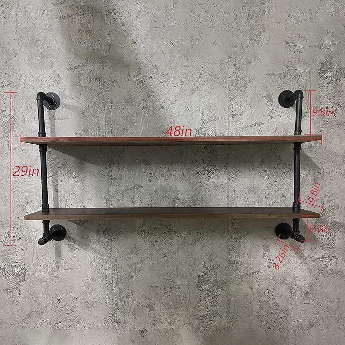 ROGMARS Industrial Pipe Shelves Shelving 48 inch with Solid Wood Planks Farmhouse Pipe Book Shelves Wall Mounted,Industrial Floating Shelves Bar Shelving Rustic Shelves 2 Tier for Kitchen,Living Room-Ruum Studio Home