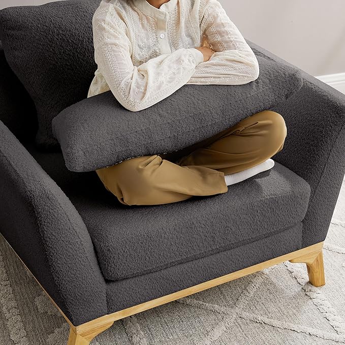 Large-Sized Accent Chair, Thick Cushion Bedroom Reading Chair, Comfortable Living Room Single Sofa， Boucle Dark Gray-Ruum Studio Home