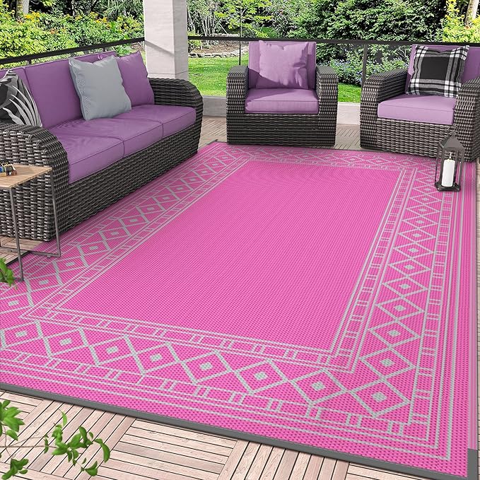 GENIMO Outdoor Rug Waterproof 6'x9' for Patio, Foldable Reversible Plastic Straw Carpet for Travel Trailers, Outside Area Mat for Rv, Deck, Picnic, Porch, Camper, Balcony, Beach, Pink & Grey-Ruum Studio Home