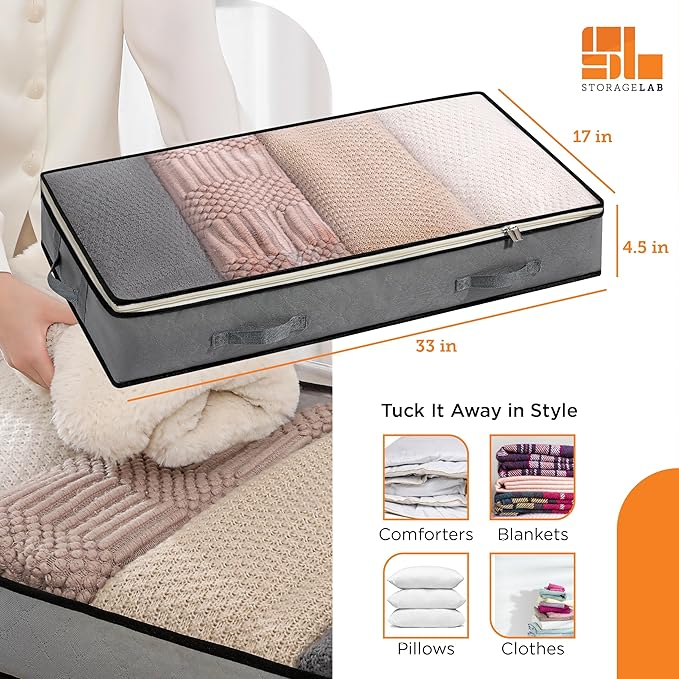 storageLAB Under Bed Storage Containers - Foldable Closet Organizer with Clear Top, Sturdy Handles - 7L Capacity Storage Box for Clothing, Comforter, Blanket, and Shoe - 2 Pack, Soft-Sided, Gray-Ruum Studio Home