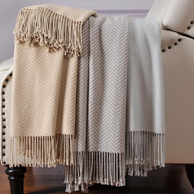 CUDDLE DREAMS Silk Throw Blanket with Hand-Knotted Fringe, Natural, Soft & Breathable (Herringbone-Taupe)-Ruum Studio Home