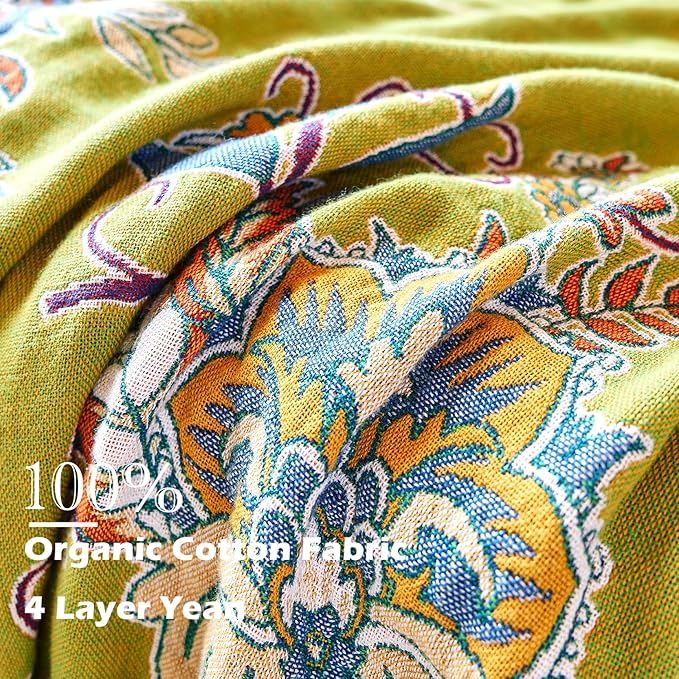 Boho Throw Blanket 80" x 90", 100% Organic Cotton Breathable Ultra Soft Bed Quilt Throw - All Season Luxury Floral Farmhouse Decor Blanket for Sofa Couch Chair and Gift. Green/Blue-Ruum Studio Home