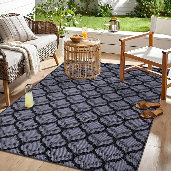 OLANLY Reversible Outdoor Rug 5x8 ft Clearance, Waterproof Outdoor Plastic Straw Rug with Interlacing Pattern, RV Mat for Patio, Camping, Balcony, Deck, Backyard, Black & Grey-Ruum Studio Home
