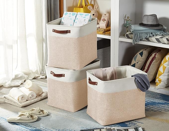 DECOMOMO Extra Large Storage Baskets 54.5L Fabric Storage Bins for Organizing Linen Closet, Toys, Nursery (Beige and White, XXXL - 3 pack)-Ruum Studio Home