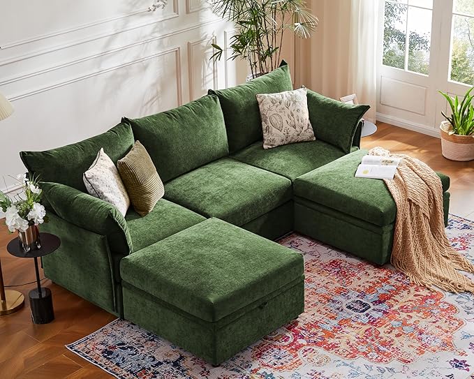 102.6" Modular Sectional Sofa, Oversized 3-Seater Green Couch with Removable Chenille Fabric Cover, Deep Seat & High Backrest for Living Room, Office & Apartment-Ruum Studio Home