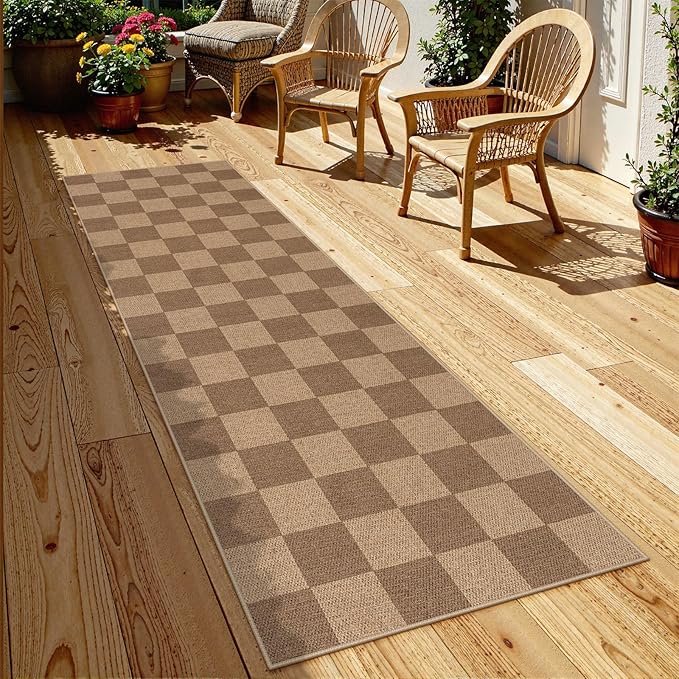 Lahome Checkered Easy Jute Kitchen Runner, 2x8 Washable Indoor Outdoor Runner Rug, Checkerboard Non Slip Non Shedding Neutral Carpet for Hallway Entryway Foyer-Ruum Studio Home