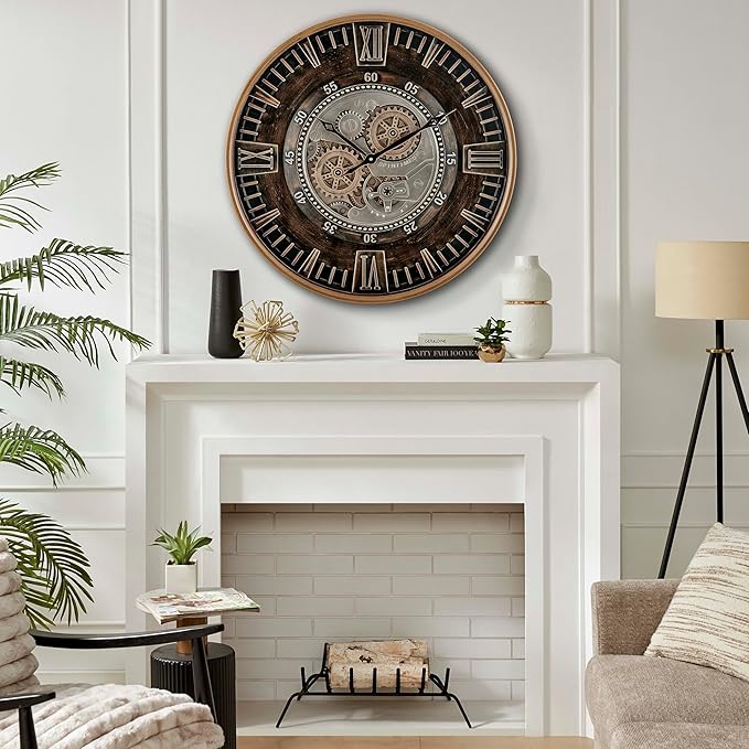 CLXEAST 24 Inch Large Moving Gear Wall Clock for Farmhouse Living Room Decor,Vintage Industrial Bronze Gold Metal Wall Clock for Home Office,House Warming Gifts New Home-Ruum Studio Home