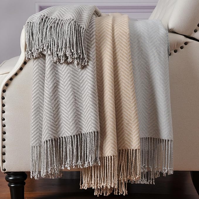 CUDDLE DREAMS Silk Throw Blanket with Hand-Knotted Fringe, Natural, Soft & Breathable (Herringbone Gray)-Ruum Studio Home