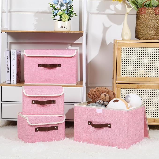 ANMINY Storage Bin with Lid Storage Boxes with PU Leather Handles PP Plastic Board Decorative Foldable Lidded Cotton Linen Fabric Home Cubes Baskets Closet Organizer Container - Pink, Large Size-Ruum Studio Home