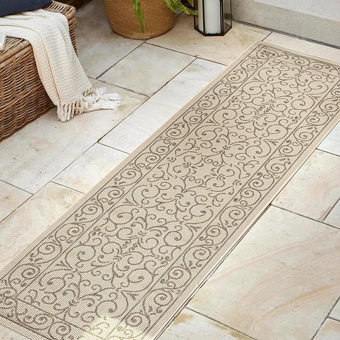 JONATHAN Y Vintage Filigree Indoor Outdoor Runner Rug 2X8 Beige/Brown, Charleston Textured Weave for Backyard, Patio, Porch, Easy-Cleaning, High Traffic, Pet-Friendly, Non-Shedding (SMB106A-28)-Ruum Studio Home