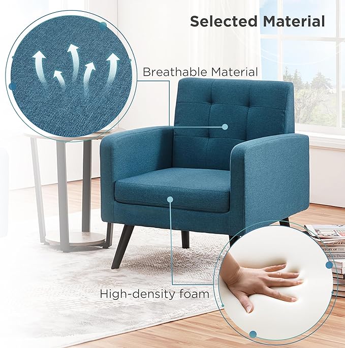 Yaheetech Mid-Century Accent Chairs, Modern Upholstered Living Room Chair, Cozy Armchair Button Tufted Back and Wood Legs for Bedroom/Office/Cafe, Navy Blue-Ruum Studio Home