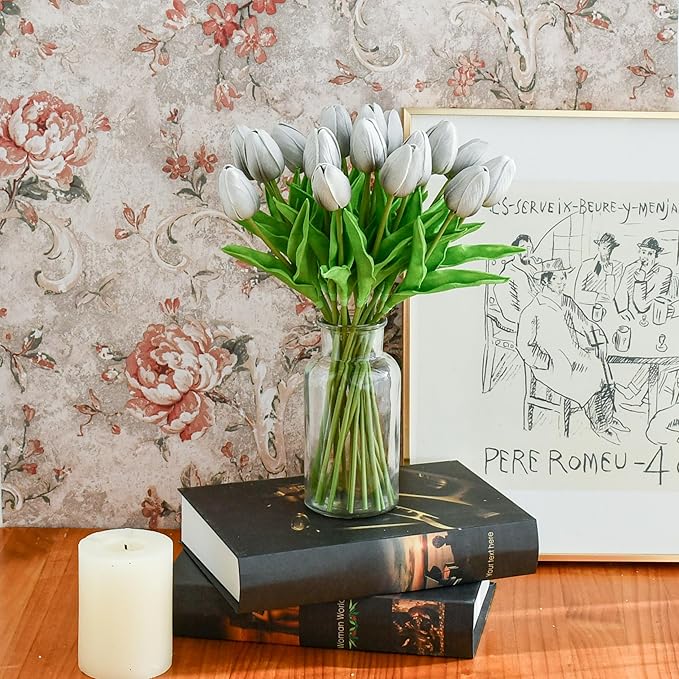 Mandy's Artificial Tulips 20 Stems Silver Grey PU Faux Flowers for Wedding Home Decor 13.5 Inch-Ruum Studio Home