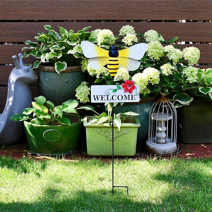 Veclotch 30"" H Metal Bee Garden Stake,Rustic Bee Decorative Yard Stakes Metal Yard Art Ornaments Welcome Sign Outdoor Spring Garden Decor for Patio Lawn Porch Pathway Decor-Ruum Studio Home