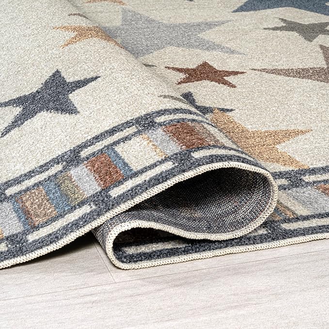 JONATHAN Y Machine-Washable Ivory/Blue/Orange Indoor Area Rug, 4x6, Star Gazer Geometric, Border, Kids & Novelty, Classic, Bedroom, Kitchen, Living Room, Easy-Cleaning, Non-Shedding (KDW100A-4)-Ruum Studio Home