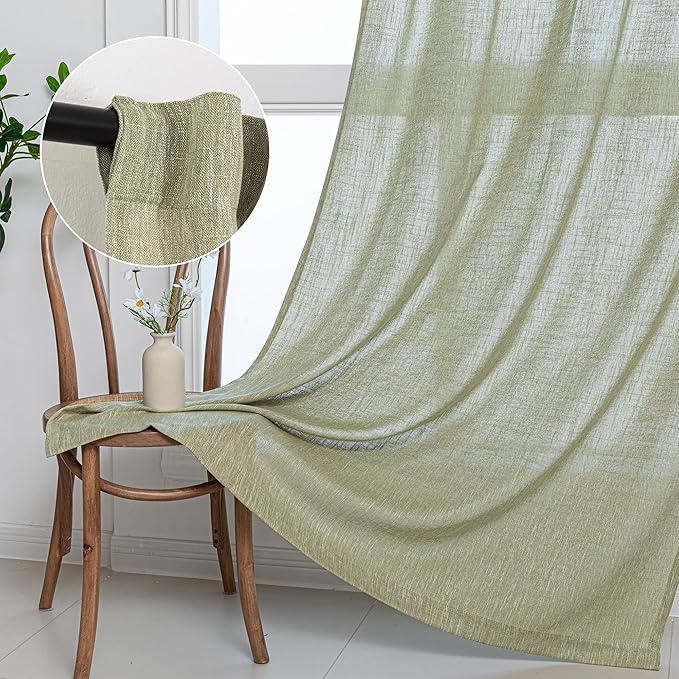 MYSKY HOME Sage Green Sheer Curtains Short Window Treatment Panels Light Filtering Semi Sheer Curtains Boho Farmhouse Style Texture Soft Touch Kitchen Drapes Set, 50" Wide x 63" Long, 2 Panels-Ruum Studio Home