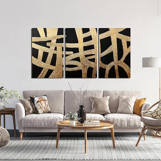 Canvas Wall Art Decor Large Wall Art Pictures for Living Room Black And Gold Wall Art Decor Artwork for Walls Abstract Textured Wall Art Prints Art Work For Room Office Home Wall Decor 24" X 36" *3pcs-Ruum Studio Home