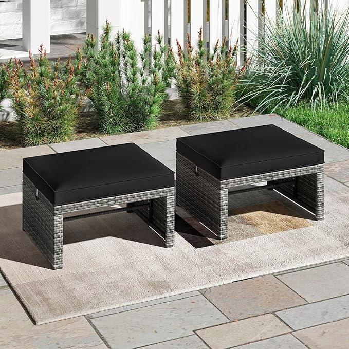 Tangkula 2 Pieces Patio PE Rattan Ottomans, Multipurpose Outdoor Footstool Footrest Additional Seating Side Table with Soft Zippered Cushions for Deck, Garden, and Yard (Black)-Ruum Studio Home