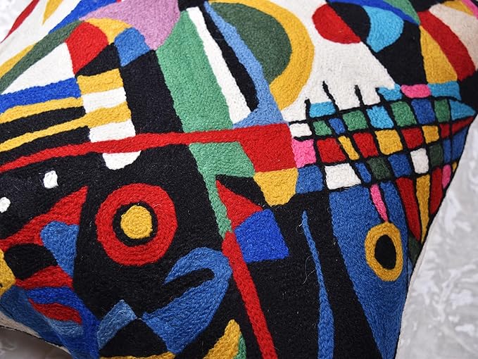 Kandinsky Impulse Modern Decorative Pillow Cover Black Abstract Toss Pillowcase Farmhouse Chair Cushion Contemporary Pillow Mid-Century Chair Cushions Hand Embroidered Pillow Wool Size 18x18-Ruum Studio Home